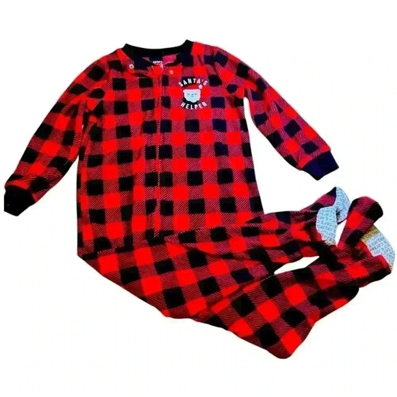 Carter’s Red Black Buffalo Plaid Fleece Sleeper Christmas Santa’s Helper Sz 4T - Picture 1 of 4
